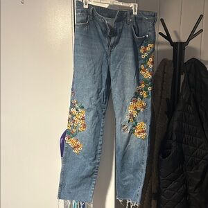 Free People Blue Jeans with Floral Embroidery